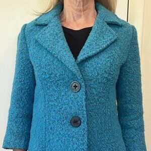 Turquoise blue, short waisted jacket with 2 buttons in front by CAbi size 0